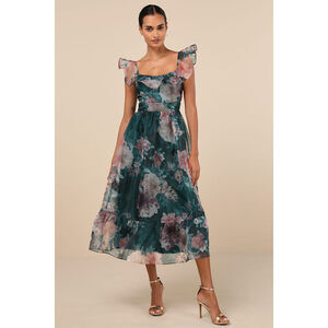 Lulus Sweet Composure Green Floral Organza Off-the-shoulder Midi Dress - Size S
